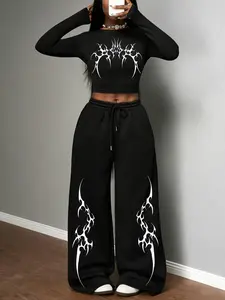 Women's Slim Fit Round Neck Long Sleeve Top + Casual Straight Leg Sport Pants Set, Sports Casual Wear, sports clothing set, Gothic Print, Loose-Fitting, Sporty Style Outfits, All Seasons, Sporty Chic Outfit
