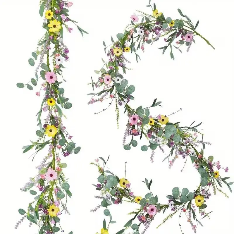 6.5 Feet Wildflower Daisy Garland, Lavender Fake Flower Vine Cape, Hanging Flowers Baby Shower Wedding Arch Decor, Spring Summer Doorway Staircase Decoration, Holiday Party Decor, Floral Hanging Decoration