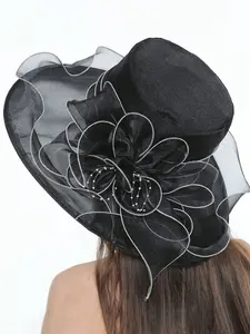 1 Pc Women's Organza Church Kentucky Derby Hat, Detachable Flower Decor, Lace Wide Brim Sun Hat, French Straw Wedding Party Hat, Charming Bridal Accessory