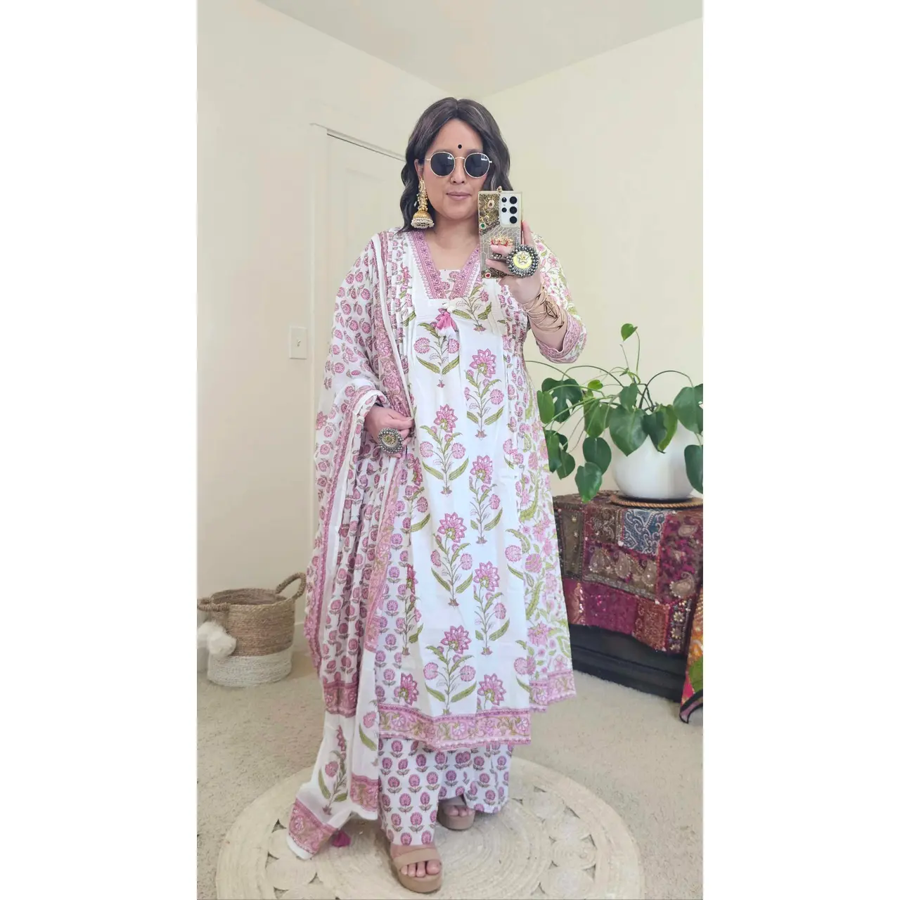Women's Cute 3-Piece A-Line Kurta Clothes, Soft Cotton Fabric, Floral Prints Outfit, Day, Breathable, Girl, Flowy A-Line Silhouette, Pants, Kurta Set, Casual, Day Wear, Chai Dates, Breathable Cotton, Lady, Daytime