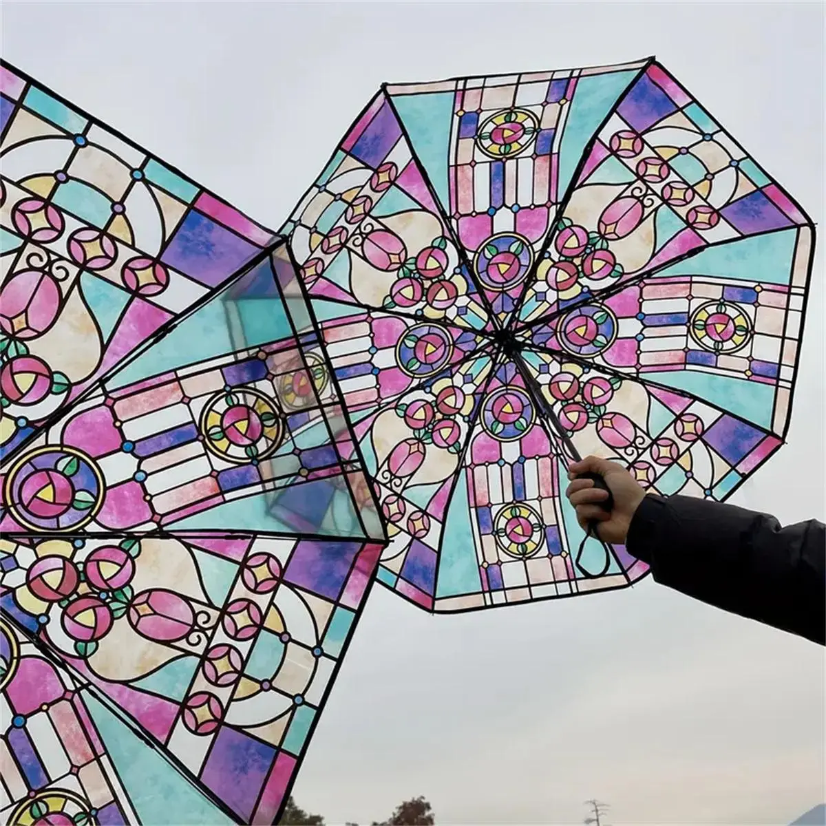 Geometric Butterfly Pattern Umbrella, 1 Count Portable Manual Automatic Umbrella, Modern Art Glass Painting Design Umbrella, Lightweight Waterproof Umbrella for Outdoor Hiking & Daily Use, Rainproof Umbrella, Outdoor Umbrellas
