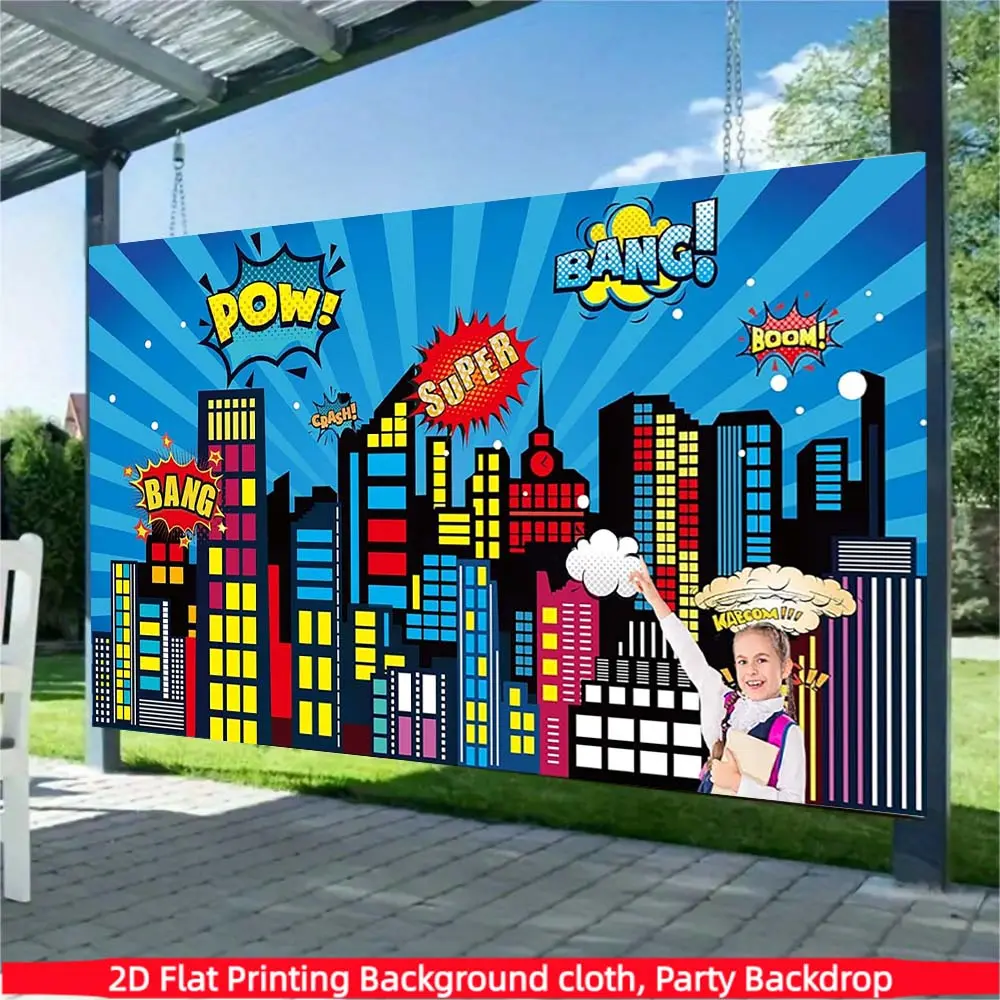 Super hero city building background banner, made of polyester material, suitable for photo booths, parties, birthdays, celebrations, as well as indoor and outdoor home birthday party decoration, home decoration, room decoration, wall decoration