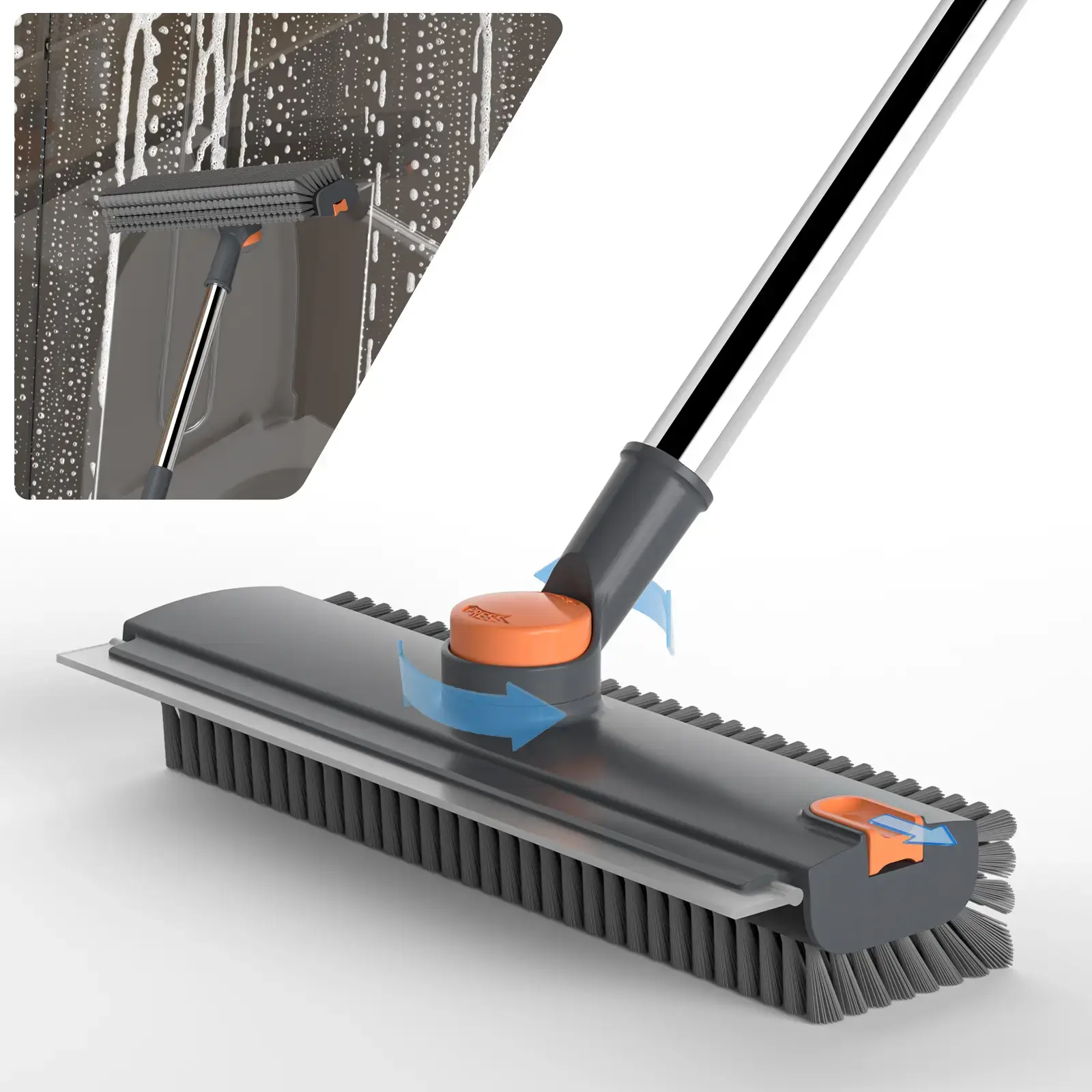 360° Rotating Floor Scrub Brush with Long Handle - 3-in-1 Shower Broom Squeegee, Long Reach Cleaning Brush Squeegees for Deep Cleaning Bathroom, Tile, Mirror Shine Wipe, Long Reach Squeegees