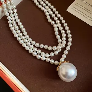 Elegant Multi - Layered Pearl Necklace with Large Pearl Pendant & Gold Accents Perfect for Dinners, Parties & Special Occasions