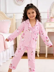 Children Girls Sleepwear Set, 2-Piece Long Sleeve Pants Front Button Home Wear, Soft Casual Pajamas for Spring & Fall