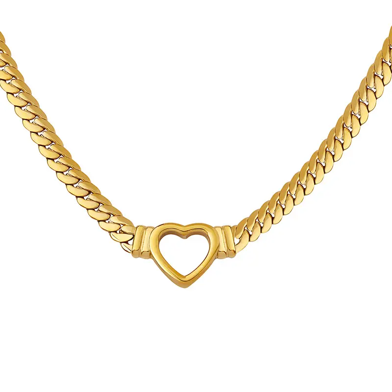 P621 For Mother's Day Women's Cuban Link Chain Hollow Heart Necklace Stainless Steel Necklace Holiday Gift for Women