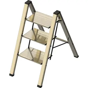 3 Step Lightweight Folding Ladder for Home, 330lbs Aluminum Step Ladder Anti-Slip for Kitchen, Step Stool Foldable Adults for Closet, 330lbs - Champagne Gold