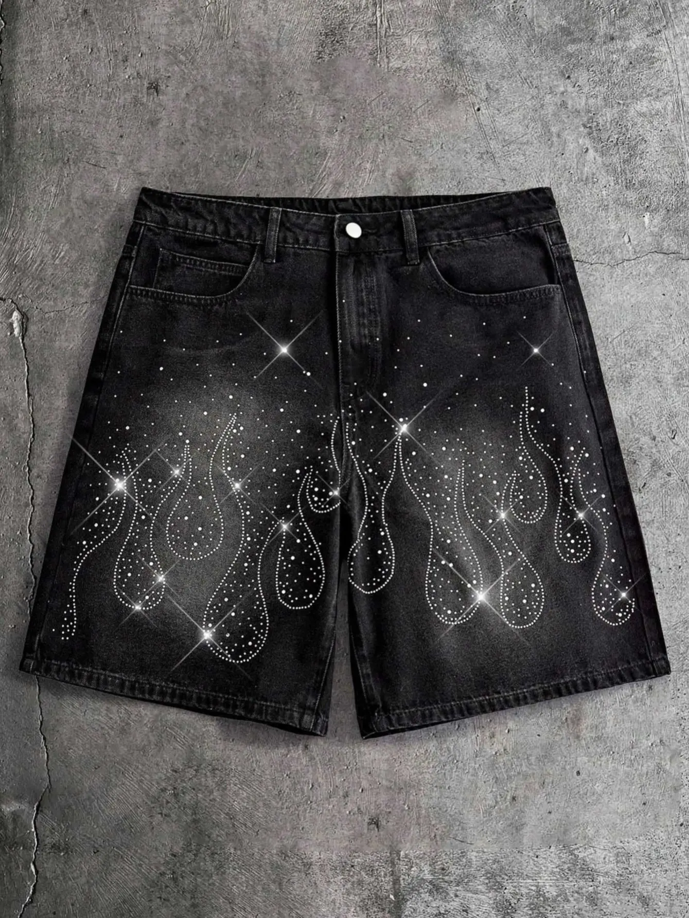 Men's Rhinestone Flame Denim Shorts Vintage Washed Black Jean Shorts Loose Fit Casual Streetwear Y2K Hip Hop Sparkly Crystal Flame Graphic Wide Leg Summer Denim Shorts Breathable Fashion Skate Shorts Daily Wear Vacation Outfit