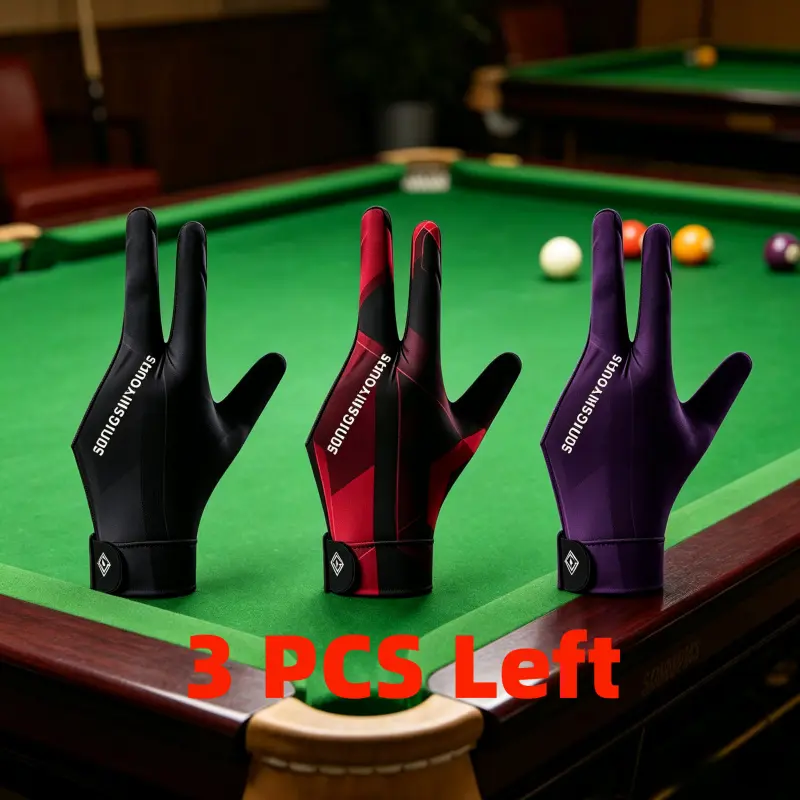 3PCS 3-Finger Left Hand Billiard Snooker Gloves, Red Purple Black Silk Pool Gloves, Adjustable Unisex All Season Billiards Accessories, Anti-Slip Grip Control Heavy Duty Cue Gloves for Jump Break Shots