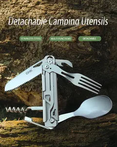 Outdoor camping tableware stainless steel multifunctional folding spoon combination bottle opener disassembly small knife fork portable set