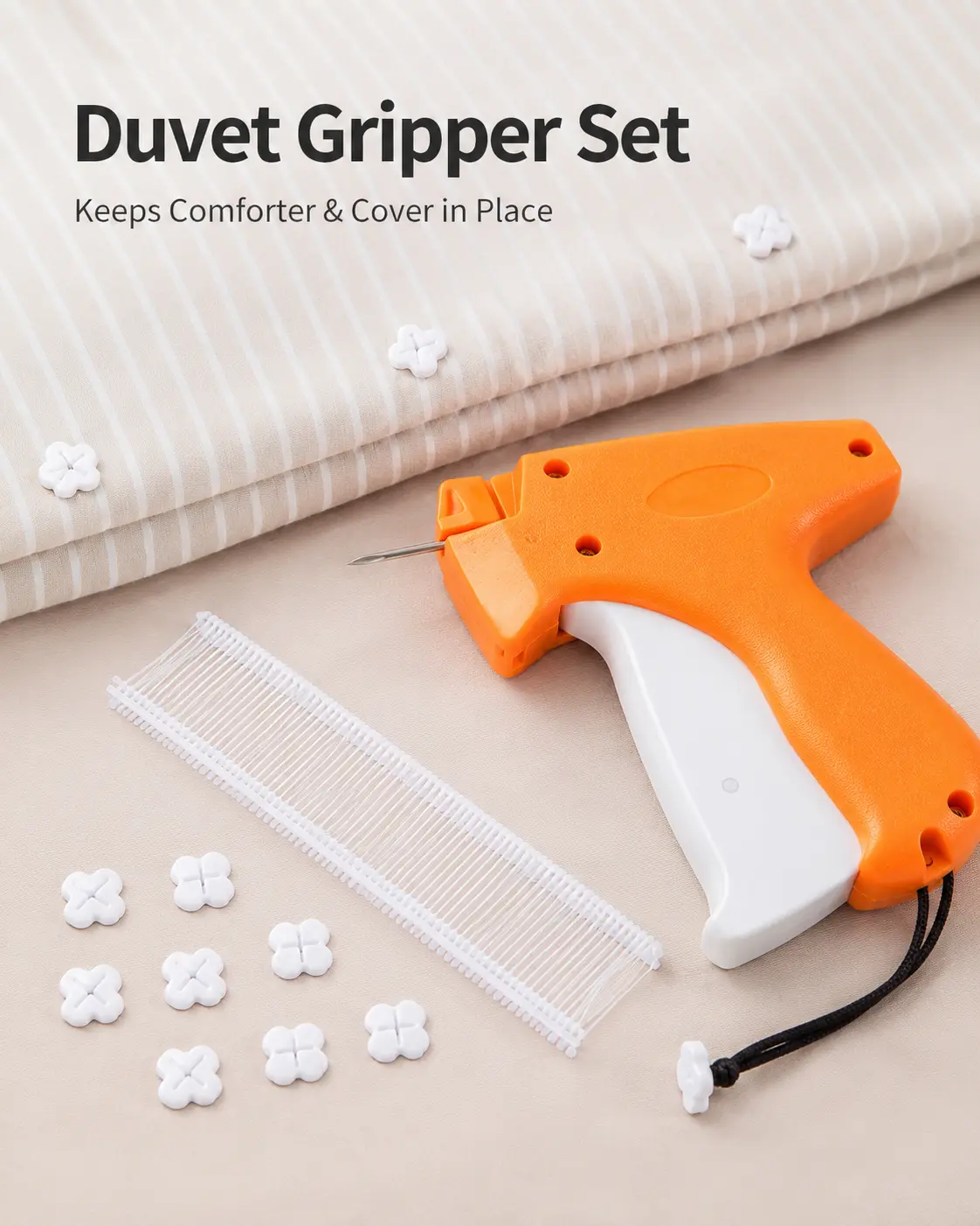 Duvet Gripper Gun Set, No Sew Fastening Tool, Micro Stitch Tagging Gun for Bedding & Clothing, Quick Stitch Clothing Alteration Kit, Comforter Clips, Sheet Gripper, Quilt Tacking Tool with Soft TPU Pins