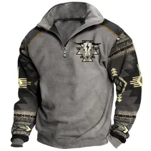 Aztec Cowboy Mens Hoodie Vintage Graphic Western Hoodies for Men Casual Long Sleeve Half Zip Pullover Menswear Stylish Tops Sweatshirts Cotton Polyester