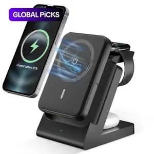 4-in-1 Wireless Charger, Magnetic Wireless Charging, 15W Fast Wireless Charger with 5000mAh Power Bank, Detachable Wireless Charging Station for iPhone Watch Earphones