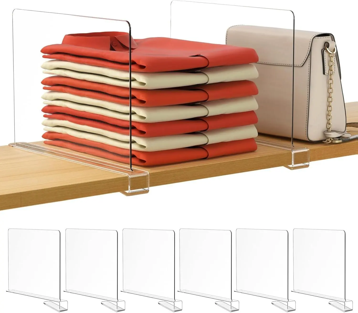 6 Pack Clear Acrylic Shelf Dividers for Closet Organization - Vertical Purse & Clothing Separators for Bedroom & Kitchen - Easy-to-Use, No-Tools Required, Flexible Adjustment Organiser Racks