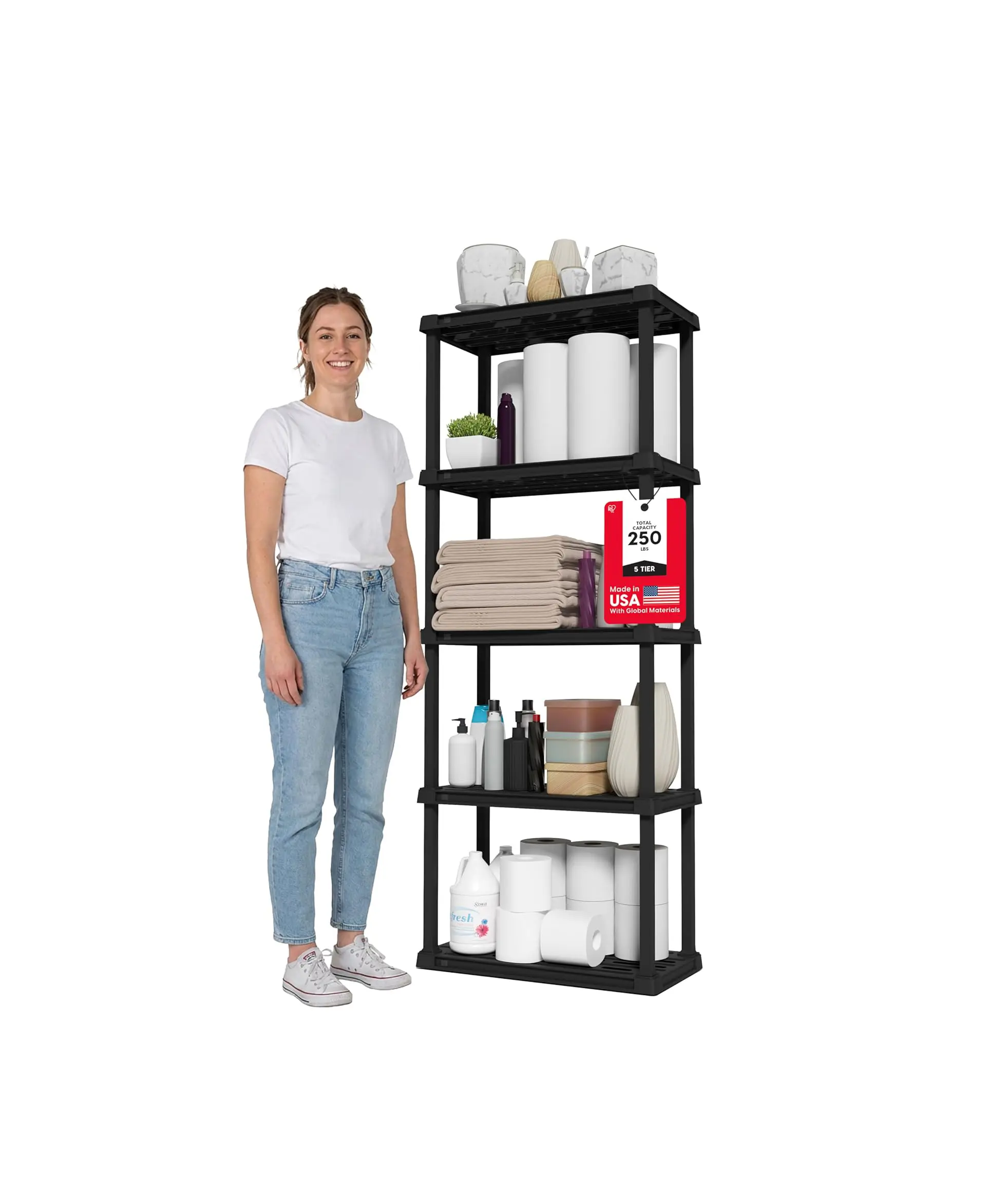 IRIS USA 5-Shelf Light Duty Plastic Storage Shelves, 250lb Capacity, 64" H x 24" W x 12" D, Medium Modular Shelving Unit Storage Organizer for Bathroom, Laundry, Garage & Home, Storage Rack - Black