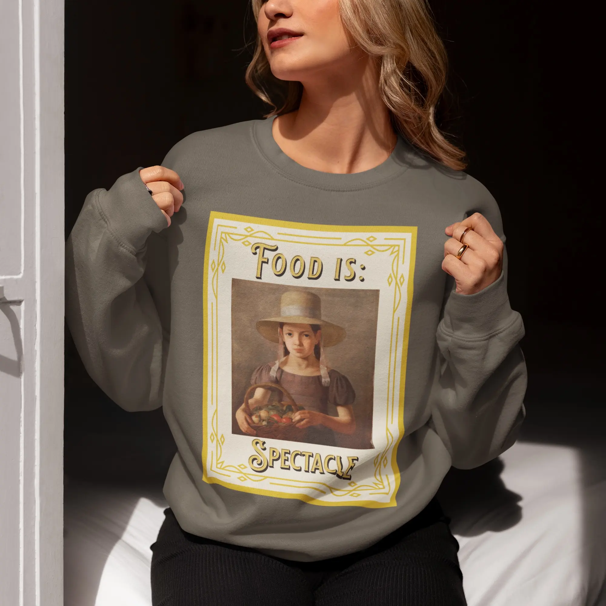 Food is: Spectacle | Unisex Crewneck Sweatshirt - Girl with Fruit Basket