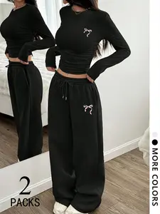 Women's Two-Piece Outfit Set, Casual Loose-Fitting Geometric Long Sleeve Top & Straight Leg Pants, Comfortable Fabric, Perfect for Daily Wear, Travel, Shopping, Womenswear