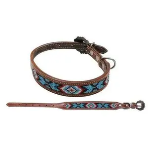 Blue and Red Beaded inlay leather dog collar with copper buckle.