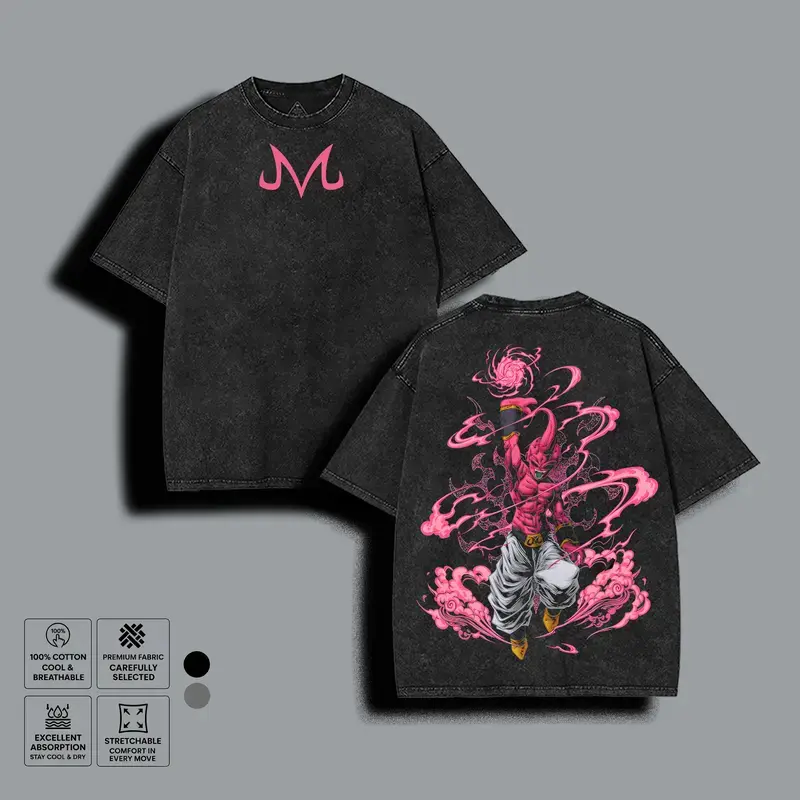 Pink Demon Warrior Vintage Acid Wash T-Shirt, Front M Symbol & Back Flaming Power Double-Sided Anime Graphic Tee, 100% Cotton Oversized Crewneck, Retro Otaku Streetwear Unisex Casual Fan Gift Top