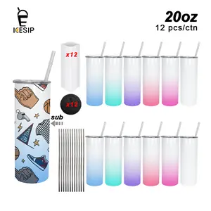ICESIP 12/25pcs 20oz Sublimation glossy ombre color Stainless Steel Skinny Tumbler with Lids amd straws, sulimation DIY accessories, for Iced coffee juice and Corporate Events, Sports & Weddings party Gift