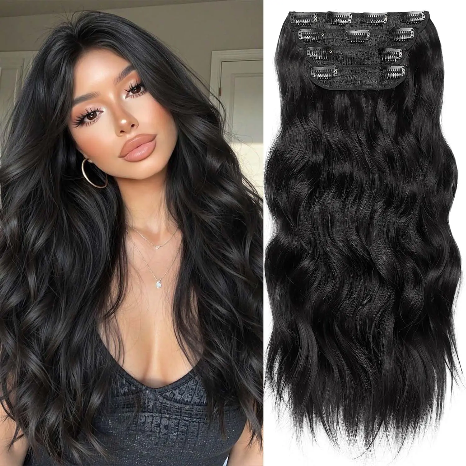 Seeway 20 Inch 4PCS Thick Hairpieces Long Wavy Natural Synthetic Clip in Hair Extensions Double Weft Hair Extensions for Women Daily Party full head coverage