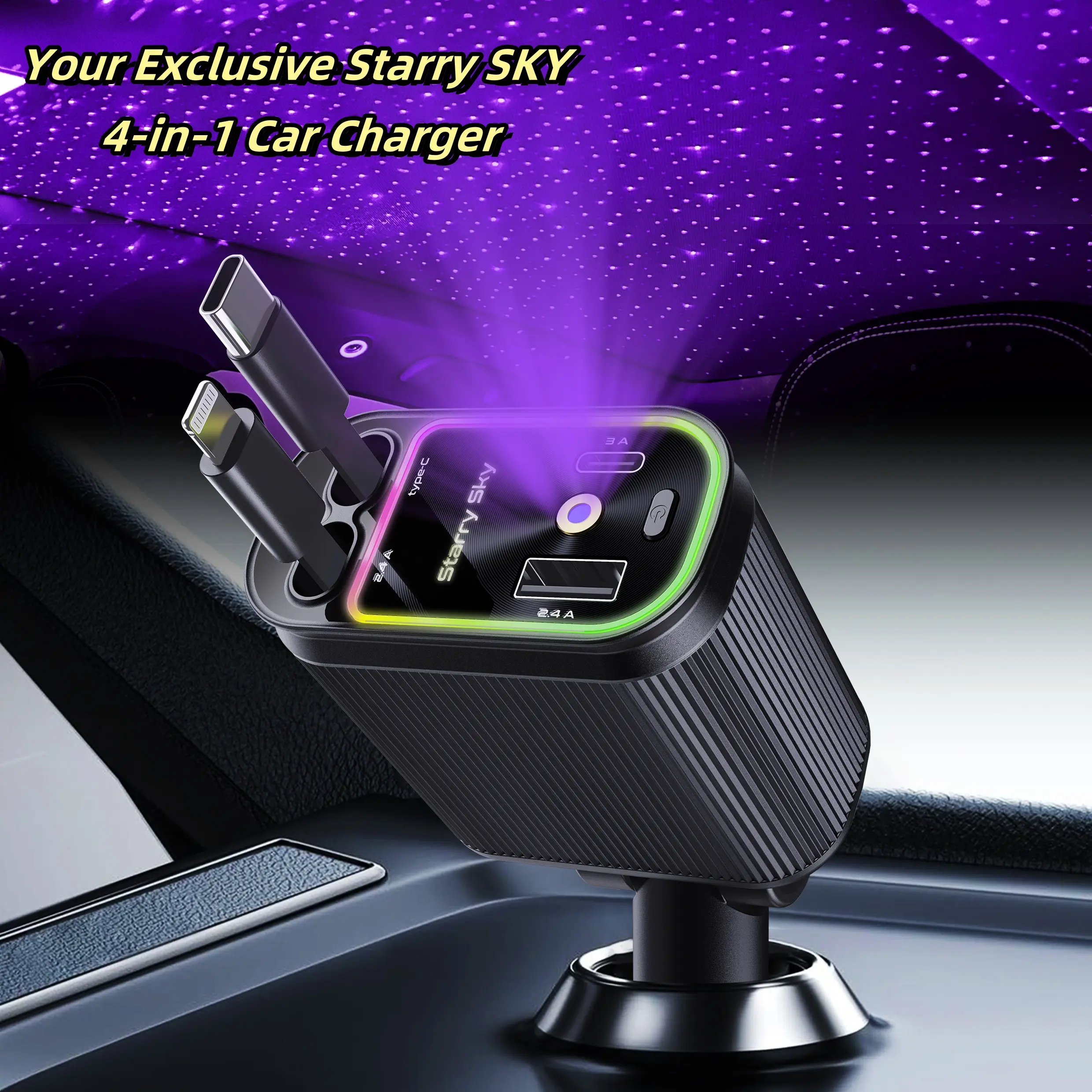 W&O 2025 Starlight Retractable Car Charger: 4-Port USB Fast Charging with Lightning Cable, Universal for iPhone/Android, Portable Multifunctional Design