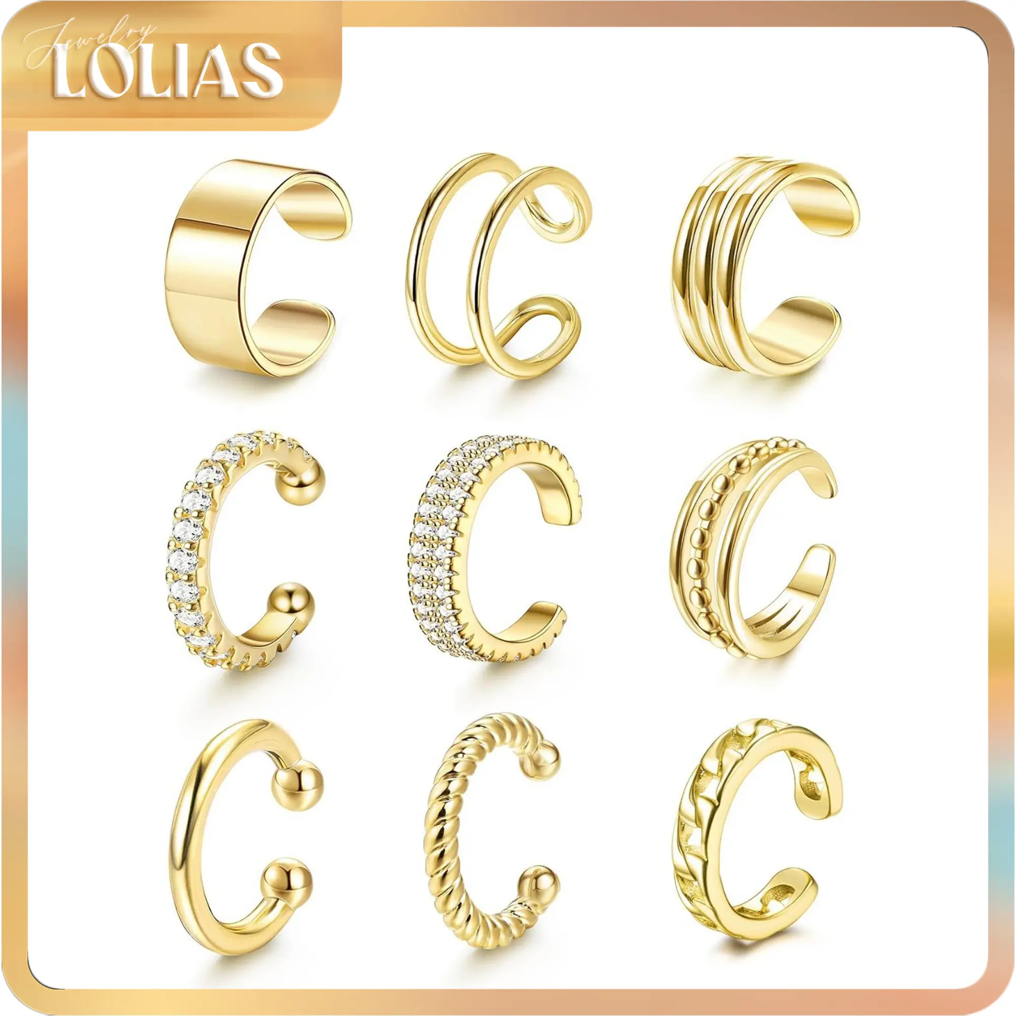 LOLIAS Non-Piercing 14 Karat Gold Plated Ear Cuffs, Dainty Adjustable Earrings, Lightweight Clip-On Cartilage Fake Earrings for Women, Ear Cuff for Everyone