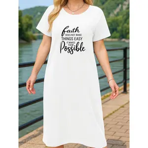 Women's black, white and red casual T-shirt dress, printed with the words “Faith does not make everything easy”, suitable for all seasons, comfortable, soft and breathable elegant night gown women, designed for wives and mothers!