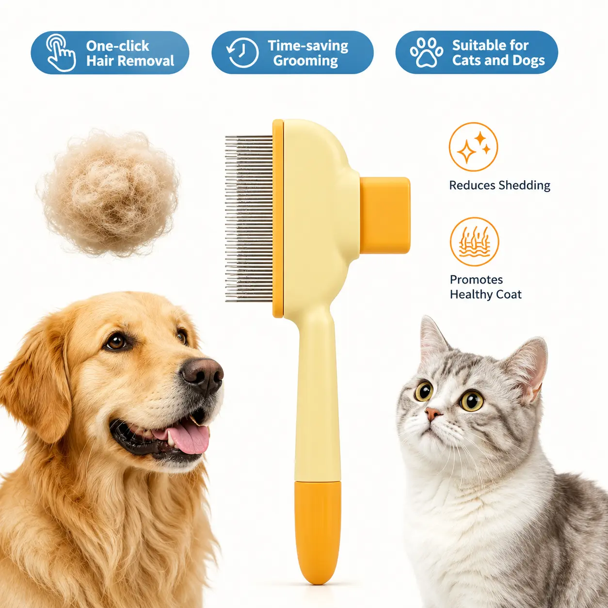2-Pack 1-Click Self-Cleaning Pet Brush - Stainless Steel Grooming Comb for Dogs, Cats - Removes Loose Hair, Knots & Undercoat