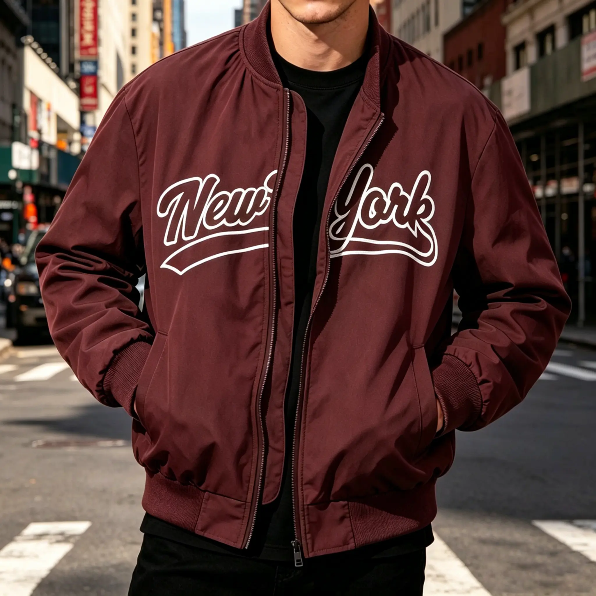 Men’s Retro NYC Brooklyn Graphic Baseball Jacket — lightweight windproof bomber coat with ribbed cuffs and zip-up closure; casual everyday autumn street-style outerwear army green blazers
