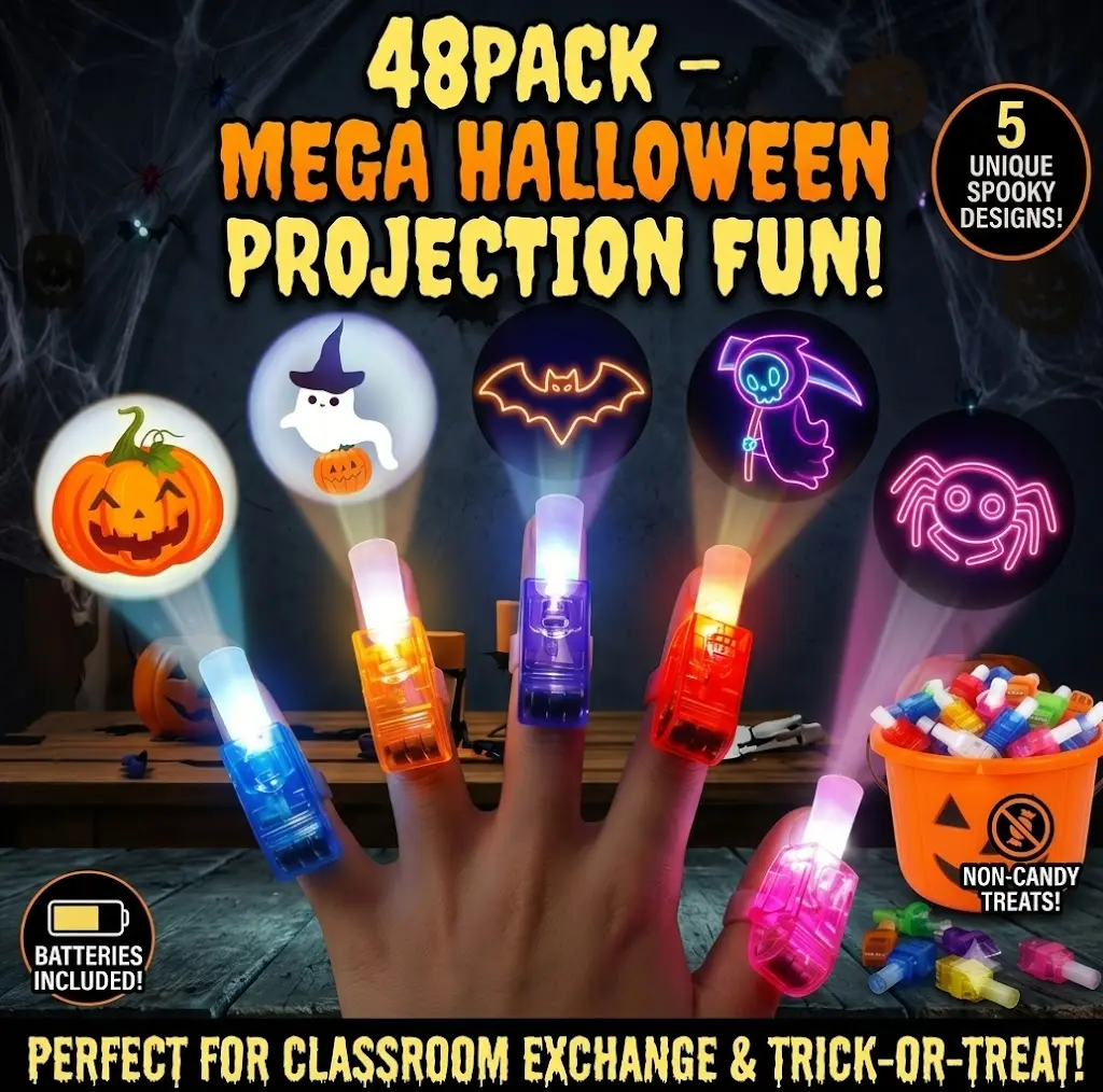 Halloween Spooky Glowing LED Projection Finger Lights - 48/36 Pack, Fun Non-Candy Kids Gift, Glow Toy Rings for Parties, Classroom Exchange