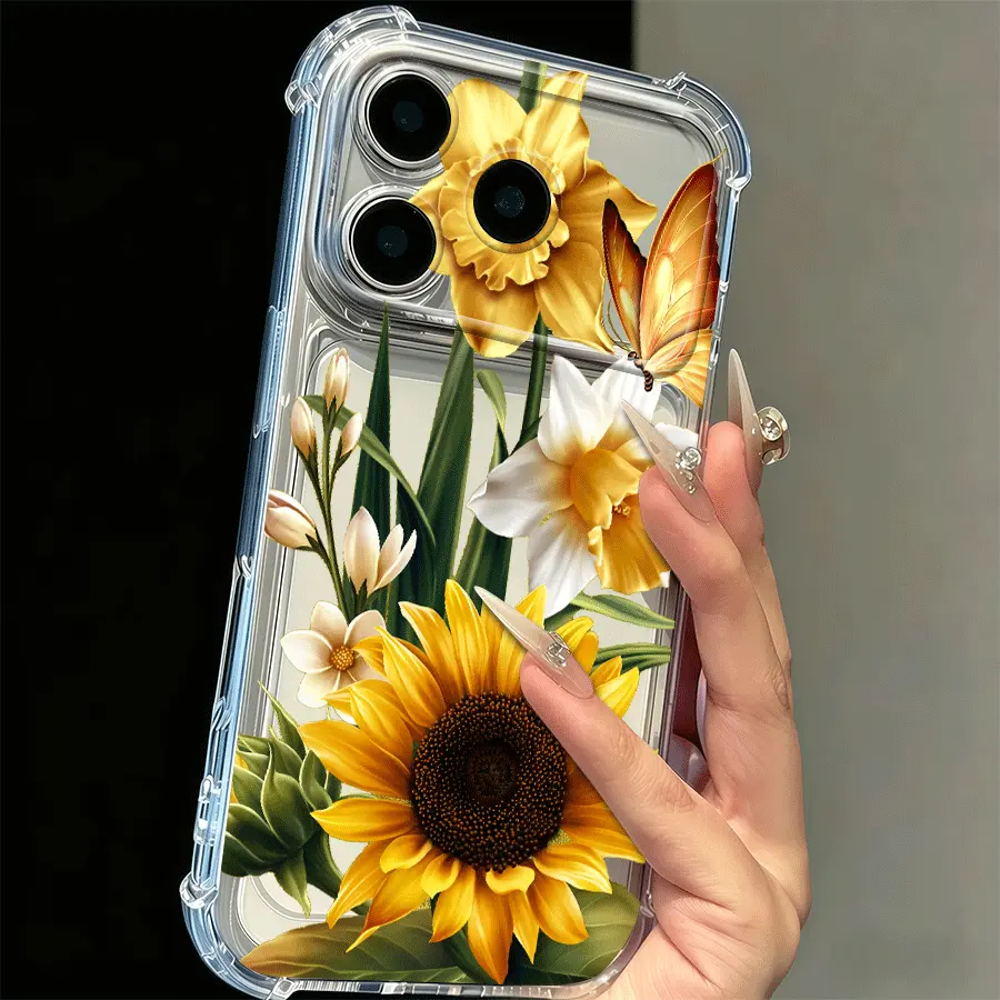 Phone Cases Sunflower Clear 4-Corner Transparent Airbag for iPhone 17 Pro Max Girls – Wildflower Shockproof Bumper Gift for Her