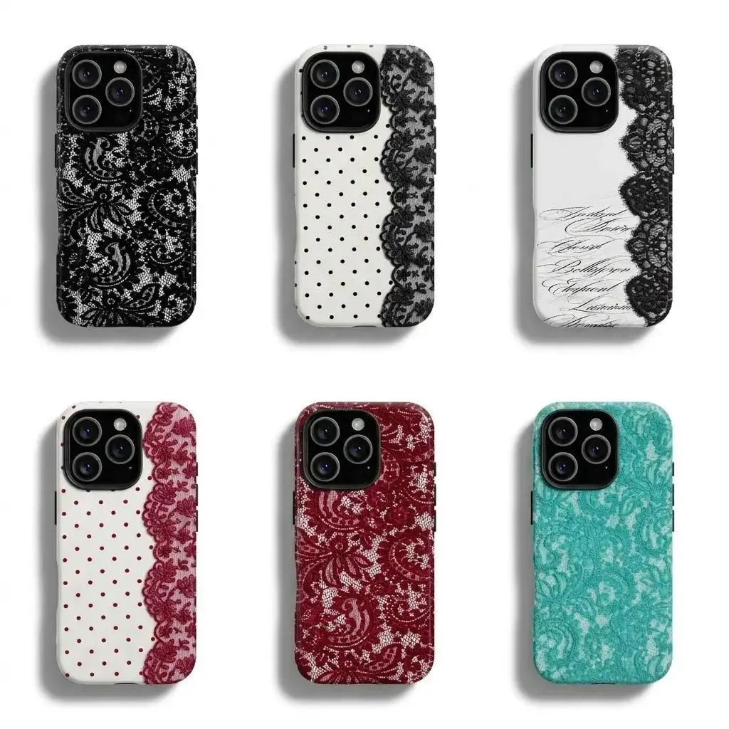 Vintage Black Lace Fabric Dual-Layer Phone Protect Cover, Cute Creative Gift for Her & Him, Enhanced Protection Accessory for iPhone 11-17 & Samsung Galaxy S22-26 Series