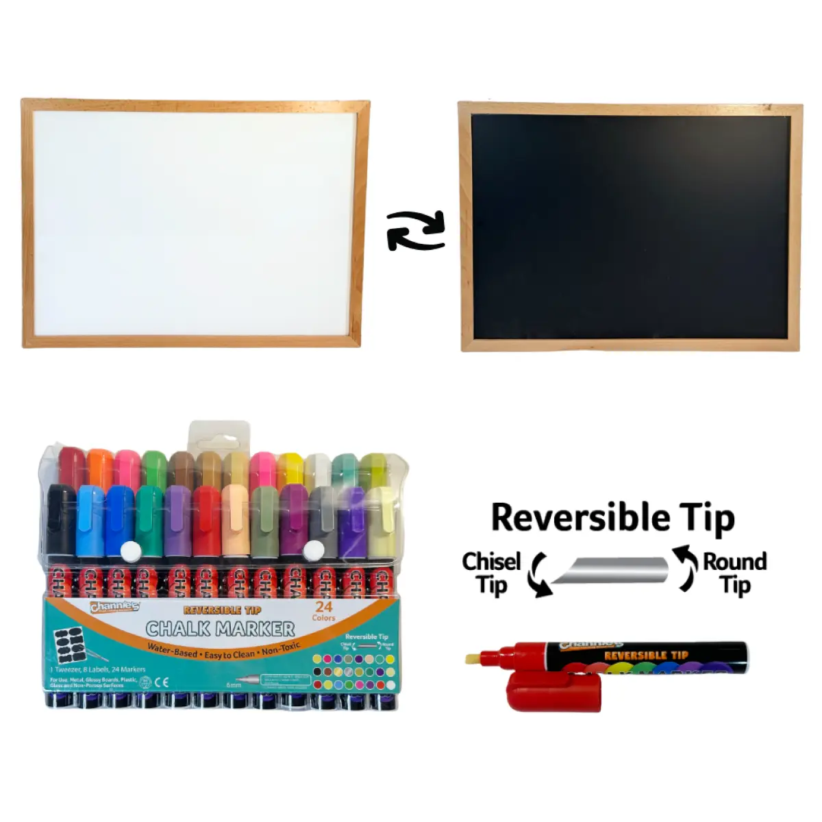Channie’s 23 x 17 Magnetic Chalk & Dry Erase Board-1 Board, Two Sides W/Set of Channie’s Liquid Chalk Markers; 24 Bold Colors