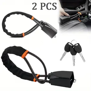 2 PCS Upgraded New Car Steering Wheel Lock Anti Theft Car Device Multi-Functional Seat Belt Lock Thickened Steel Wire Fine Stitched Edges 3 Keys Included, Easy to Store Fits Most Cars Vehicles SUVs