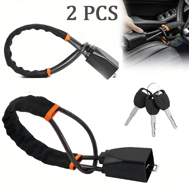 2 PCS Upgraded New Car Steering Wheel Lock Anti Theft Car Device Multi-Functional Seat Belt Lock Thickened Steel Wire Fine Stitched Edges 3 Keys Included, Easy to Store Fits Most Cars Vehicles SUVs