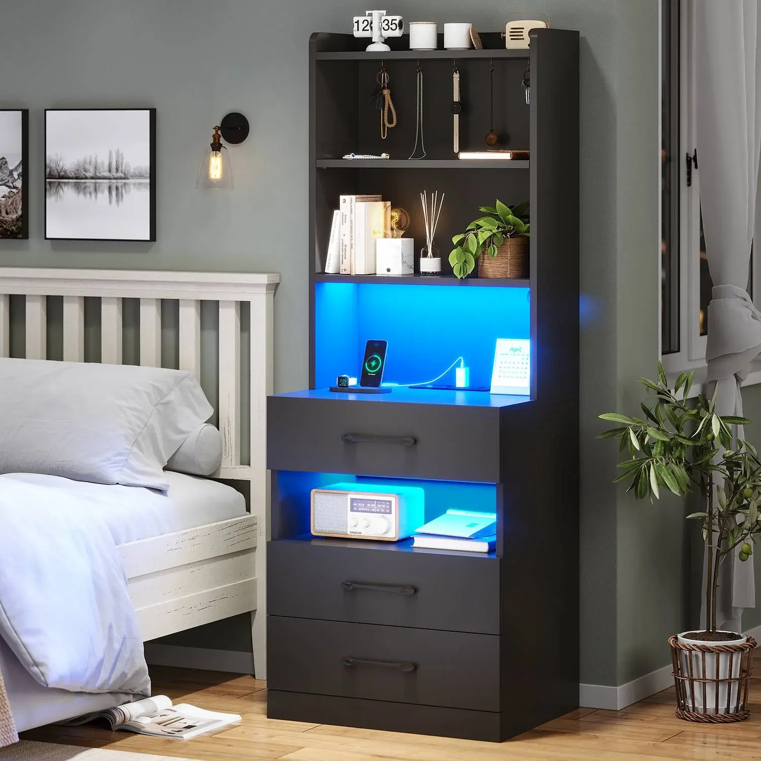 SIKAIC Modern LED Bedroom Nightstand with Charging Station, Black Tall Bedside Table with Drawer and Storage Shelves - Indoor Furniture Bedroom Nightstands, Modern Led Nightstand