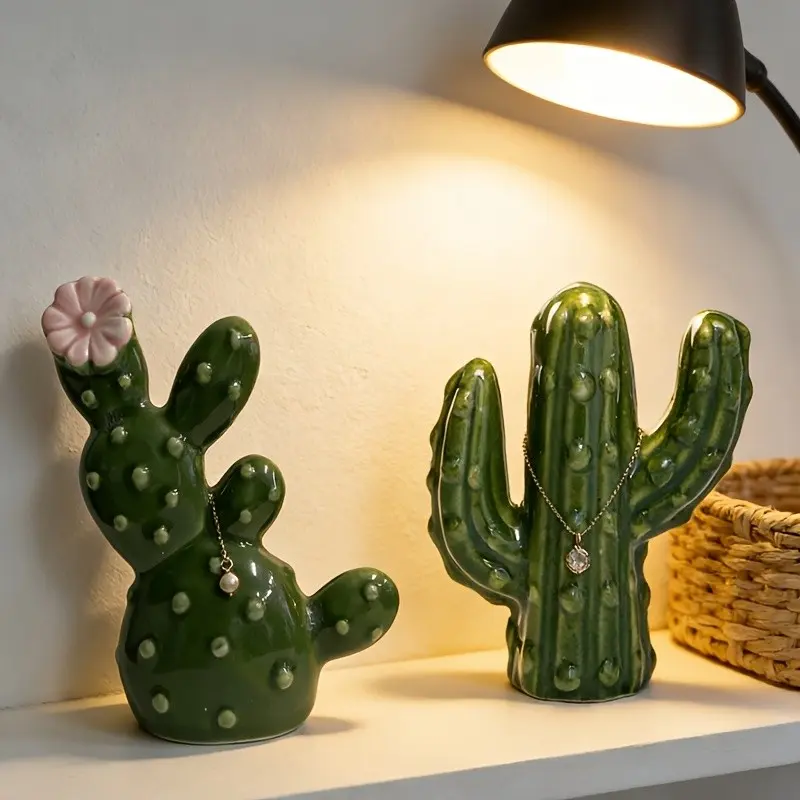 2 Vintage Ceramic Cactus Jewelry Holders, Small Accessory Organizer, Desktop Storage Organizer, Desk Decor, Easy to Clean, Suitable for Various Spaces, Trendy Home Storage