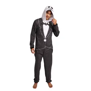 Nightmare Before Christmas Jack Skellington Adult Long Sleeve Hooded Cosplay Union Suit Onesie Costume-XL