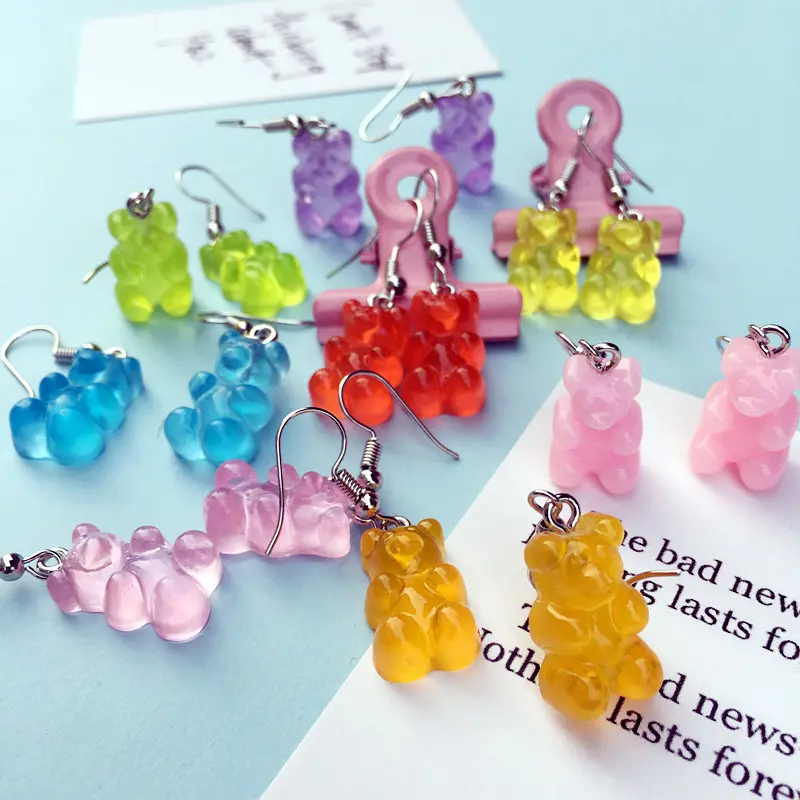 Mini Resin Gummy Bear Dangle Earrings for Women, Y2K Cute Candy Color Jelly Bear Drop Earrings, 1cm Miniature Foodie Statement Jewelry Gifts