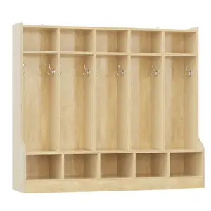 Coat Locker with Bench for Classroom, Smooth Wood Surface 10 Cubbies, Daycare Cubby with 4 Hidden Casters & 10 Hooks, Cubby Storage Organizer for Nursery, Home, School