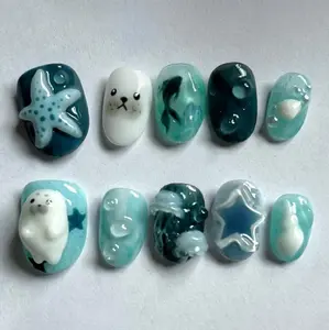T124 Lynn Baby Seal Ocean Press-On Nails, 3D Starfish, Seals, Jellyfish & Water Bubbles, Aqua Blue & White Marine Vibes, Short Glossy Nails, Handmade Set, Gift for Her