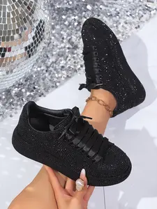 Full Diamond Thick Sole Sport Casual Shoes, Unique Design Handmade Embellished Luxury Thong Dad Sneakers, Party Banquet Multi-Scene Cool Women's Shoes, Stylish Sneaker