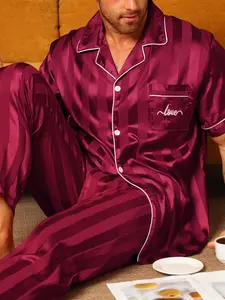 Men's Summer Ice Silk Sleepwear Set, Pajama Set, Short Sleeve + Long Pants Two-Piece, Casual Youth Home Wear, Loungewear, Outerwear Available