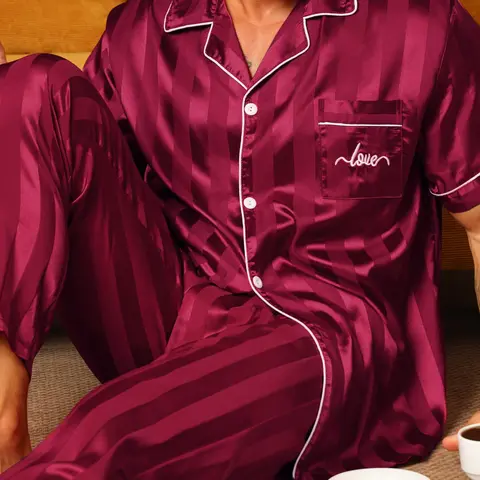 Men's Summer Ice Silk Pajama Set, Snug Fit Pjs, Short Sleeve Top + Long Pants Two-Piece, Casual Home Loungewear