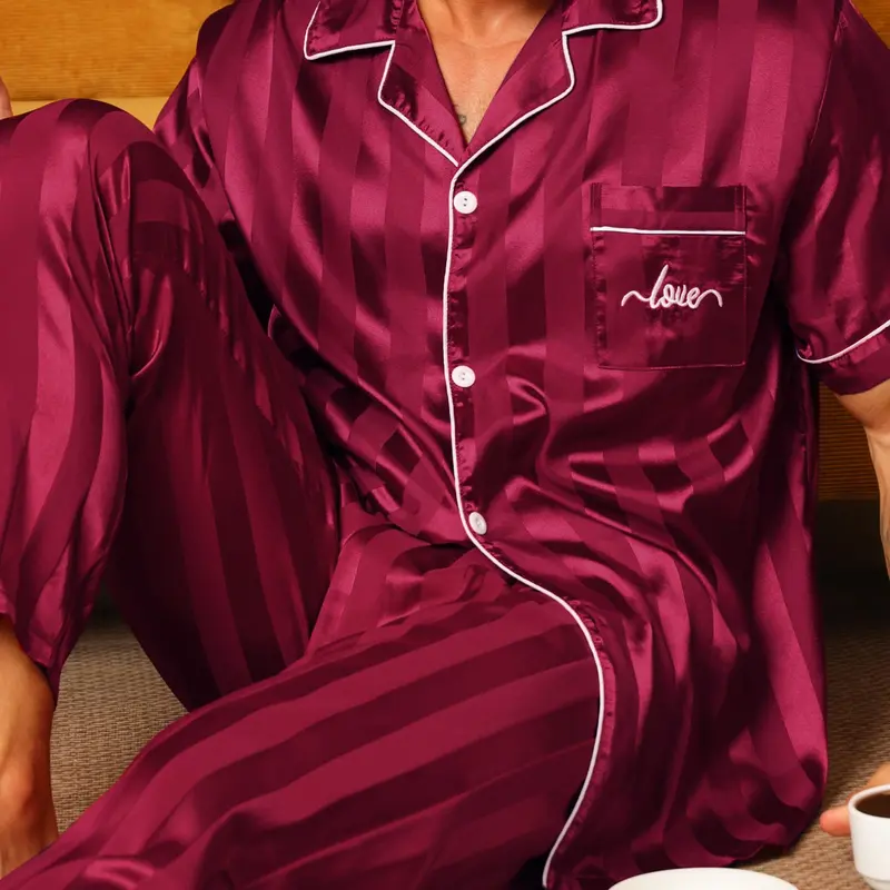 Men's Summer Ice Silk Pajama Set, Snug Fit Pjs, Short Sleeve Top + Long Pants Two-Piece, Casual Home Loungewear