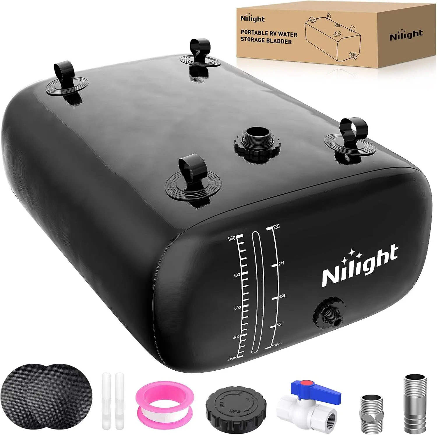 Nilight 246Gal/1000L Portable Leak-Proof Rainproof Potable Water Storage Bladder - 1000D PVC Foldable Tank, Truck Compatible, High-Density Black Coating, Wear-Resistant, Resistant to Cracking for Outdoor Activities, Emergency Water Supply, RV Life, Agricu
