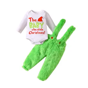 Baby Girl Boy Christmas Outfits Letter Romper Bodysuit Dress Green Furry Suspender Skirt Pants Overalls