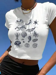 Women's Sea Animal Print Round Neck Crop Tee, Vintage Short Sleeve T-shirt For Daily Wear, Trendy Casual Ladies Summer Outfit