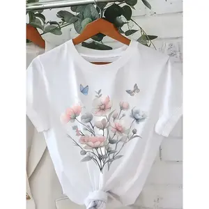 Women'S Watercolor Floral Butterfly Short-Sleeve T-Shirt, Gentle Fairy Style, Fresh Gradient Flower Print, Versatile Top For Daily Commuting